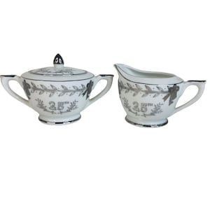 Lefton 25th Anniversary Sugar Bowl With Lid & Creamer Hand Painted Japan Vintage