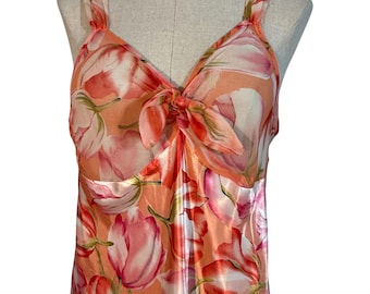 VTG Amelia’s Floral Peach Pink Tulip Nightgown Bow Size Large Made USA Side Slit