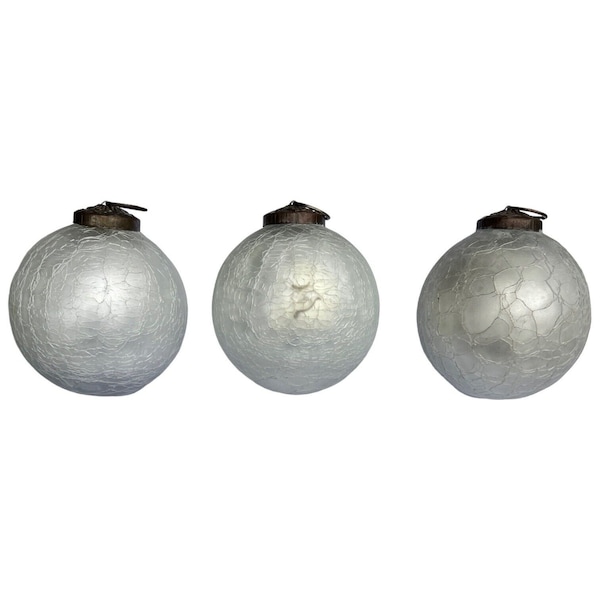 3 Vintage Kugel Style White Crackle Glass Christmas Tree Ornaments 3 Inch Retro