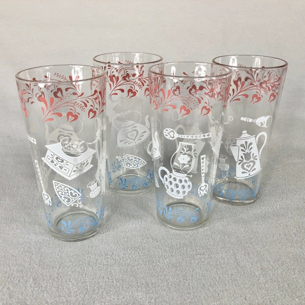 4 Hazel Atlas cocina útil utensilios vasos Vaso Rosa Azul Cristalería 14 OZ Vintage