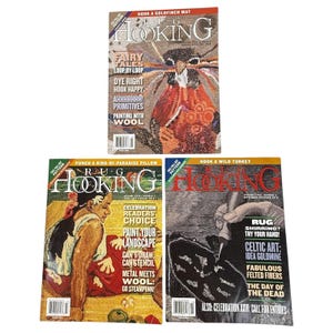 May include: Three issues of the magazine "Rug Hooking" are displayed. The covers feature colorful rug designs, including a bird, a woman, and a turkey. Text on the covers includes "Hook a Goldfinch Mat," "Punch a Bird-of-Paradise Pillow," and "Hook a Wild Turkey."