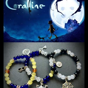 May include: Image features three beaded bracelets with charms, including a dragonfly, circus tent, and spiderweb. The top portion displays a movie poster with the title "Coraline" against a night sky backdrop.