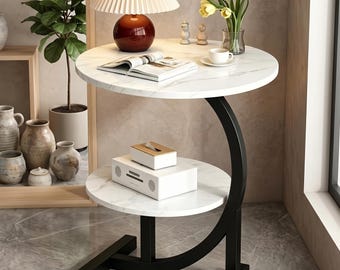Modern C Shaped Side Table - Round Walnut End Table for Living Room - Industrial Bedside Table - Small Space Furniture, Plant Stand