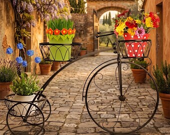 Metal Bicycle Plant Stand - 3 Tier Tricycle Flower Pot Holder Rack - Indoor Outdoor Planter Display Shelf for Garden, Patio, Living Room