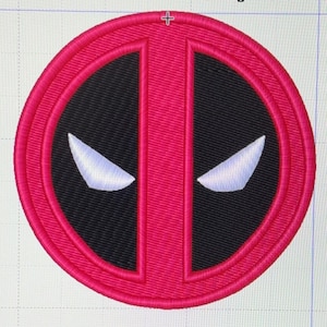 May include: Embroidered patch with the Deadpool logo. The design features a red circular border, a vertical line, and two white eye shapes on a black background. The patch measures 8.89 cm in height and 8.89 cm wide.