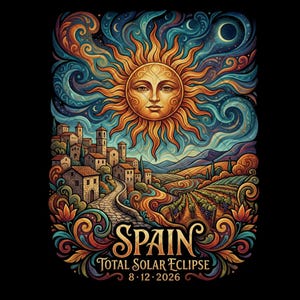 Può includere: Illustrazione colorata della Spagna per l'eclissi solare totale del 12 agosto 2026. L'opera presenta un sole radioso con un volto, un villaggio, dolci colline e un vigneto. Il design è incorniciato da motivi floreali ornati.
