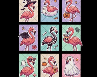 Halloween Flamingo PNG Bundle, Spooky Cute Flamingo Clipart with Witch Ghost Skeleton Designs, Kawaii Fall Digital Download for Sublimation