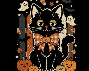 Halloween Cat png, Retro Black Cat Clipart, Spooky Season png, Fall Pumpkin png, Cute Ghost Clipart, Sublimation png, Digital Download