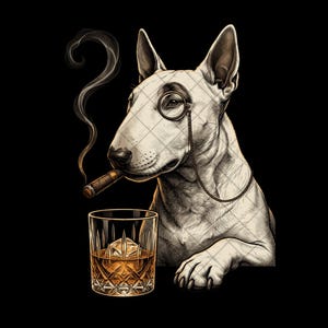 Op de afbeelding: Een witte Bull Terriër met een zwart oogvlek draagt een gouden monocle en houdt een brandende sigaar in de bek met opstijgende rook, naast een kristallen glas gevuld met amberkleurige vloeistof en een grote ijsblok op een zwarte achtergrond.