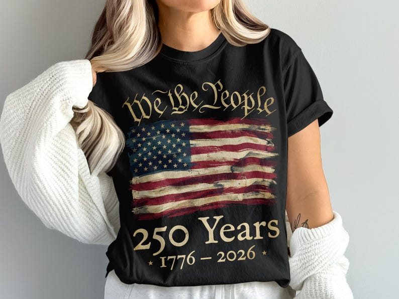 Patriotic T-Shirt 'We The People', Vintage American Flag Design, 250 Years Anniversary 1776-2026, Unisex Black Tee