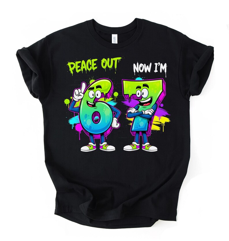 Peace Out 6 Now I'm 7 PNG, 7th Birthday Sublimation Design, Cartoon Number Birthday PNG, Kids Party Clipart, Digital File for Shirts image 3
