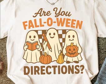 Funny Are You Fall-O-Ween Directions Shirt, Retro Halloween Ghost T-Shirt For Teachers, Fall Humor Tee With Pumpkins And Autumn Vibes