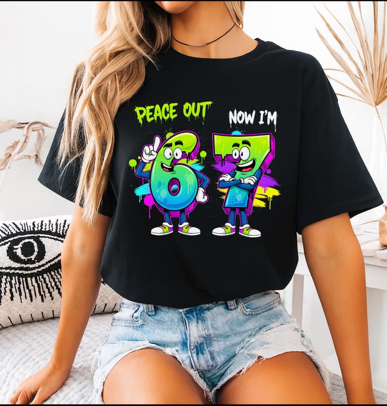 Peace Out 6 Now I'm 7 PNG, 7th Birthday Sublimation Design, Cartoon Number Birthday PNG, Kids Party Clipart, Digital File for Shirts image 4