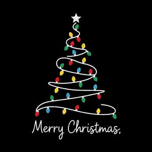 May include: A minimalist Christmas tree design on a black background. The tree is formed by a white line adorned with colorful lights in red, green, blue, and yellow. A white star tops the tree, and the words "Merry Christmas," are written below.