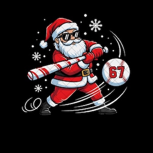 May include: Cartoon illustration of Santa Claus in a baseball uniform, swinging a candy cane striped bat. Santa wears sunglasses and a red suit. The baseball has the number 67. Snowflakes are in the background.