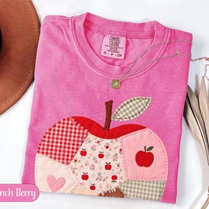 Puede incluir: Una camiseta rosa de manga corta con una gran aplicación de patchwork en forma de manzana. El diseño de la manzana incluye secciones de tela de cuadros rojos, flores y rosa liso con un tallo marrón y una hoja de cuadros grises.