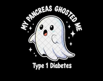 Puede incluir: Gráfico negro con un fantasma de dibujos animados con el texto "MY PANCREAS GHOSTED ME" y "Type 1 Diabetes". El fantasma es blanco con un patrón de cuadrícula, ojos negros y boca abierta. Estrellas blancas rodean el fantasma.