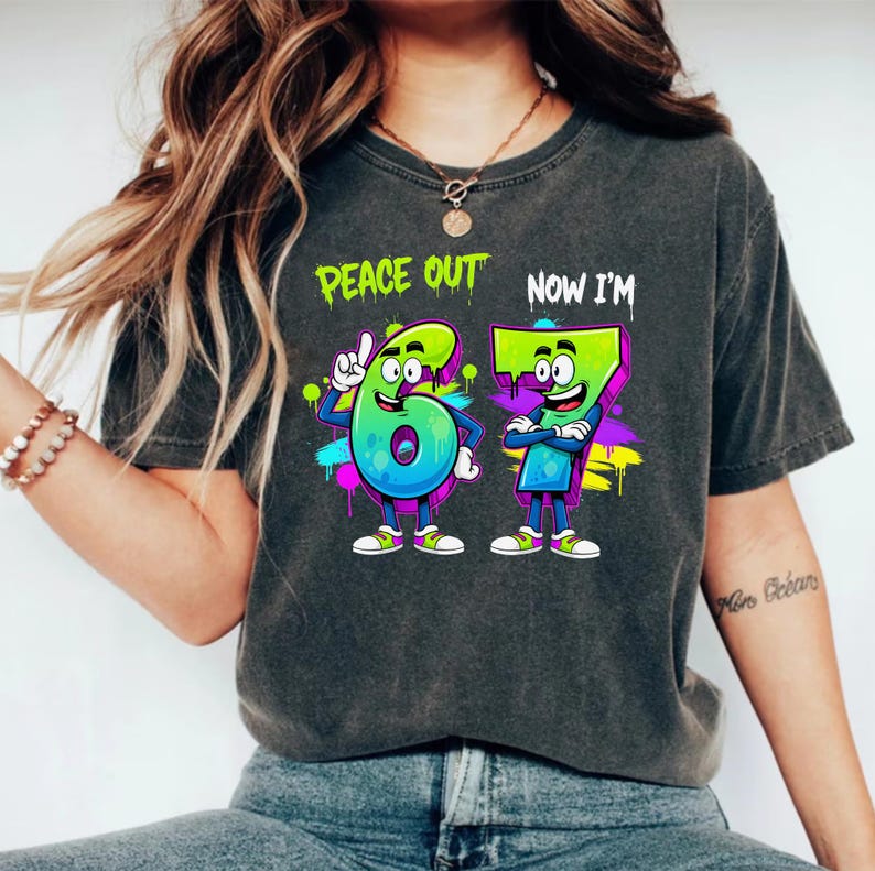 Peace Out 6 Now I'm 7 PNG, 7th Birthday Sublimation Design, Cartoon Number Birthday PNG, Kids Party Clipart, Digital File for Shirts image 5