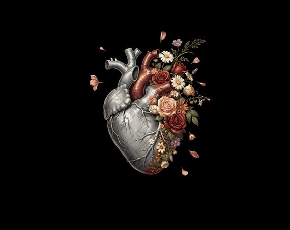 Floral Heart Png, Anatomical Heart Clipart, Heart With Flowers Png, Digital Download, Sublimation Design