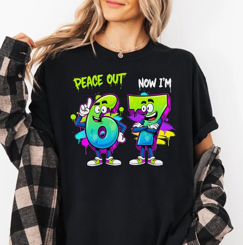 Peace Out 6 Now I'm 7 PNG, 7th Birthday Sublimation Design, Cartoon Number Birthday PNG, Kids Party Clipart, Digital File for Shirts image 2
