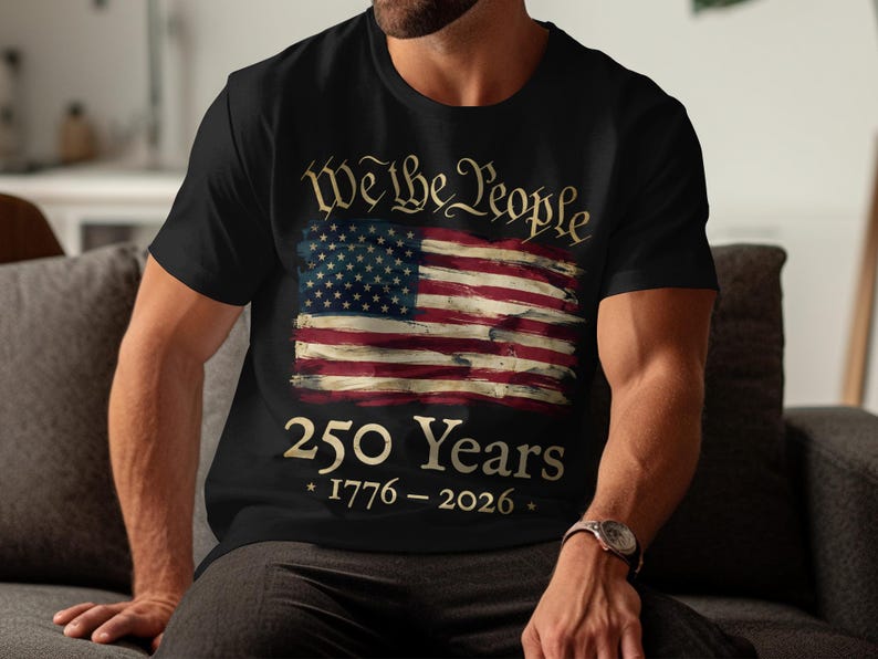 Patriotic T-Shirt We The People 250 Years 1776-2026 American Flag Distressed Black Shirt, Men's USA Independence Day Apparel