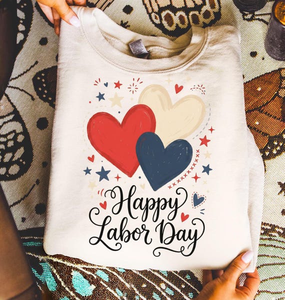 Happy Labor Day PNG Digital Download, Patriotic Holiday Sublimation Design, Red White Blue Hearts & Stars Graphic File