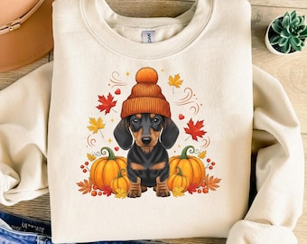 Dachshund Hello Autumn PNG, Cute Dog Lover Fall Digital Download, Pumpkin Puppy Art, Cozy Seasonal Dachshund Clipart for Crafts