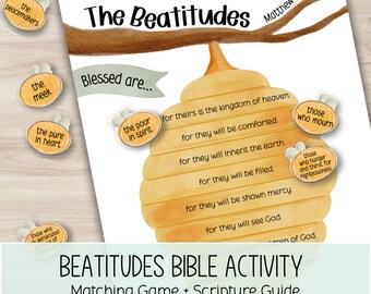 Ensemble d'activités bibliques sur les Béatitudes | Jeu d'association d'écritures bibliques sur le thème des abeilles (téléchargement numérique)