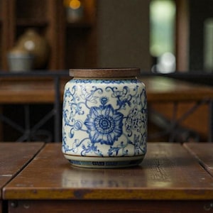 Puede incluir: Un tarro de cerámica cilíndrico con tapa de madera. El tarro está decorado con un patrón floral azul sobre un fondo crema. El tarro está sobre una superficie de madera. La tapa es de color marrón claro.
