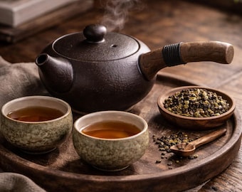 May include: A dark brown ceramic teapot with a wooden handle sits on a wooden tray with two small tea bowls filled with tea. A small wooden bowl of tea leaves and a wooden spoon are also on the tray. Steam rises from the teapot.