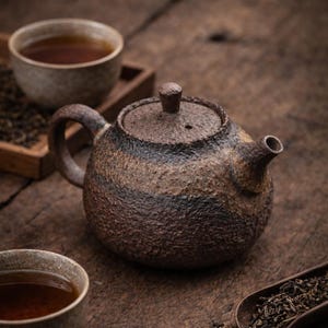 Puede incluir: Una tetera de cerámica marrón rústica con tapa y asa, junto con dos pequeñas tazas llenas de té. Una cuchara de madera y una bandeja de hojas de té sueltas completan el juego, todo sobre una superficie de madera.