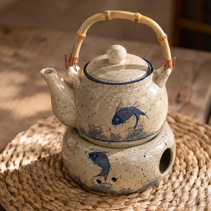 Peut inclure: Une théière en céramique avec son socle chauffe-plat assorti, présentant un émail crème moucheté orné de motifs de poissons et de vagues peints en bleu. La théière possède un bec verseur courbé, un couvercle et une anse en bambou clair.