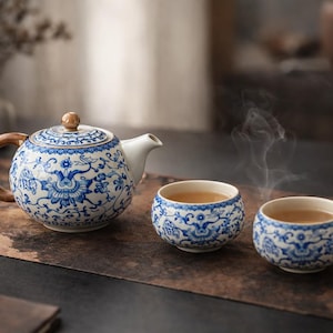 Blauwwitte ru-oven keramische theeset, oosters gongfu-theeservies, theepotkopjes met bruin handvat