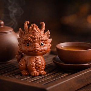 Puede incluir: Un juego de té de cerámica marrón con tetera, taza, platillo y una figura de dragón. El juego está colocado sobre una bandeja de madera, con vapor saliendo de la taza. La figura del dragón tiene detalles.