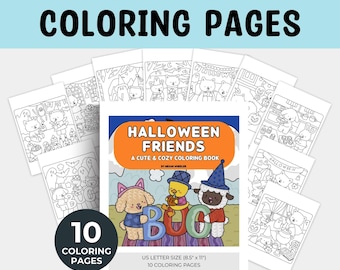 May include: A pack of Halloween-themed coloring pages. The cover features the text "Halloween Friends" and illustrations of cartoon characters. The pack includes 10 coloring pages, US Letter size (8.5" x 11").