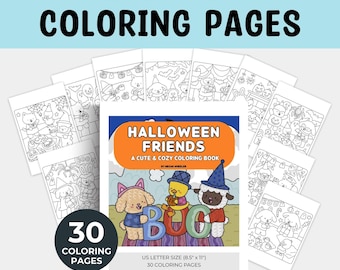 May include: A collection of Halloween Friends coloring pages. The cover features a cute dog, duck, and sheep with the letters "B-O-O". The pack includes 30 coloring pages, US letter size (8.5" x 11").