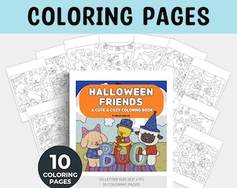 May include: A set of Halloween coloring pages with the text "HALLOWEEN COLORING PAGES". The cover of the coloring book is titled "HALLOWEEN FRIENDS" and features cartoon characters. The set includes 10 coloring pages, US letter size (8.5" x 11").