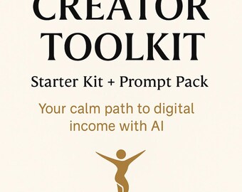 May include: A cream-colored graphic with the text "QUIET CREATOR TOOLKIT" in large, bold, black letters. Below, smaller text reads "Starter Kit + Prompt Pack" and "Your calm path to digital income with AI." A gold-colored stylized figure is at the bottom.