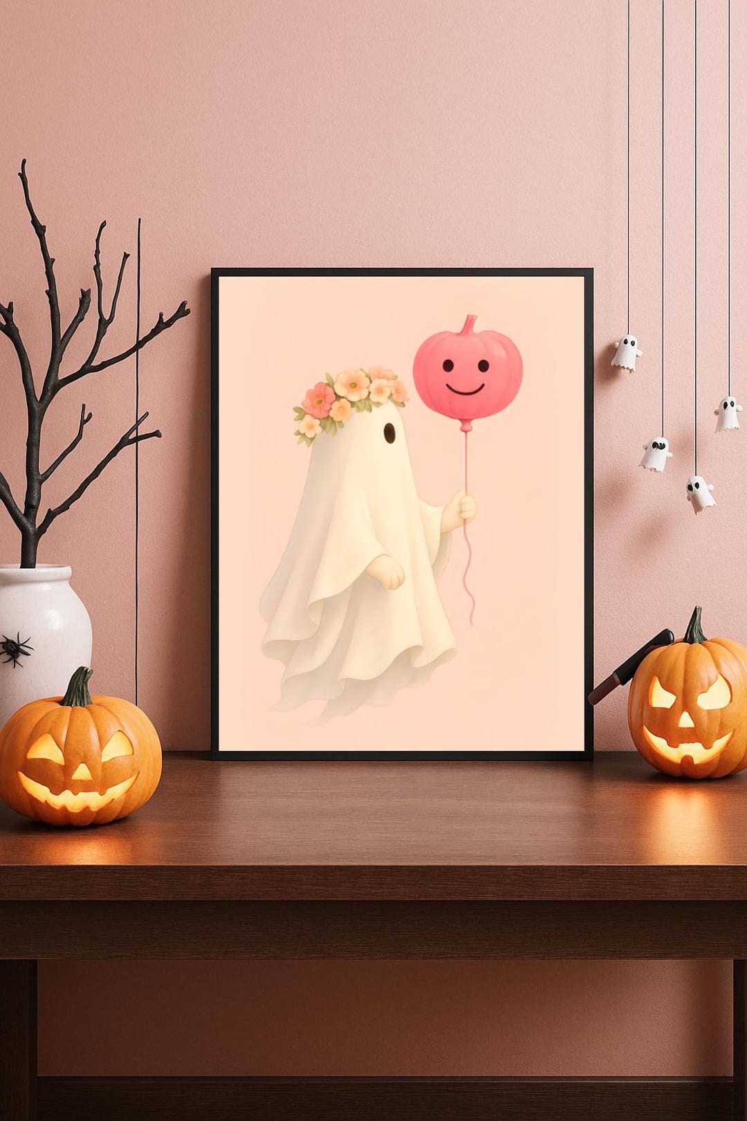 Cute Ghost With Pumpkin Balloon, Printable Wall Art, Pink Ghost Art ...