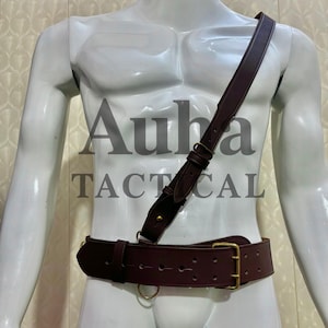 Handmade Leather Sam Browne Belt with Shoulder Strap Military & Police Duty Belt