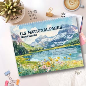 2026 Calendar National Parks, Illustrated Watercolor Wall Art, Nature Travel Gift Idea Outdoor Lovers, Landscape Calendar, Monthly Planner