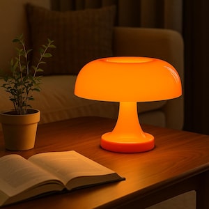 Pilzlampe LED wiederaufladbar – Design Tischlampe Orange & Weiß 28 cm | Touch Steuerung und 3 Lichtmodi