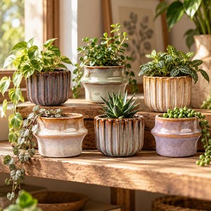Może przedstawiać: Kolekcja sześciu małych ceramicznych doniczek o różnych kształtach i wykończeniach, w tym żebrowanych i gładkich fakturach z glazurowanymi kolorami, takimi jak niebieski, zielony, biały i fioletowy, z których każda zawiera inną małą roślinę.