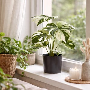 Peut inclure: Une plante Monstera panachée avec de grandes feuilles découpées présentant des motifs blancs et verts, plantée dans un pot cylindrique noir simple. La plante est posée sur un rebord de fenêtre blanc à côté d'une bougie allumée.