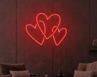 Three Hearts LED Neon Sign | LED Heart Light | Romantic Wall Decor | Wedding Decor | Valentine, Love Wall Art