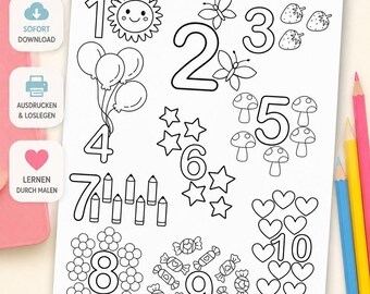 Number Learning Coloring Page | Montessori Numbers 1-10 | Coloring Page for Kids | Preschool Learning Sheet | Printable PDF | Digital Download | Number Coloring