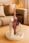 Scandinavian candle holder with little house – handmade decoration – decorative plate – taper candle holder