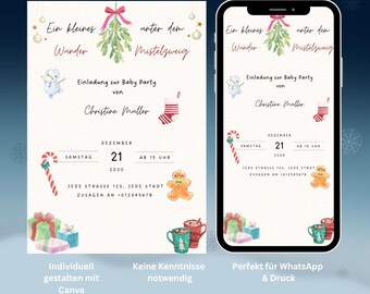 Puede incluir: Una invitación a un baby shower con temática navideña. El diseño incluye un muñeco de nieve, un calcetín, un hombre de jengibre y regalos envueltos. El texto de la invitación dice "Ein kleines Wunder unter dem Mistelzweig" e incluye la fecha y la hora.