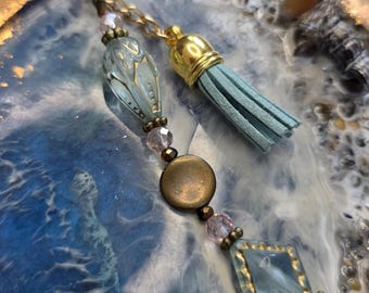 Coastal Beaded Keychain | Teal Tassel, Gold Accents