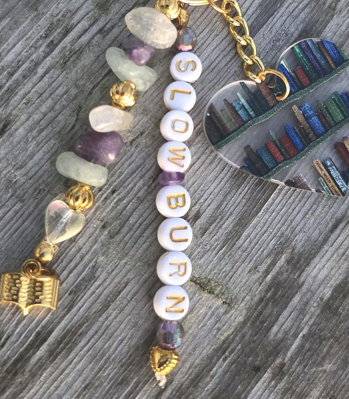 Keychain Library Slow Burn Book Keychain – Library Heart Charm, Gemstone Beads - Etsy